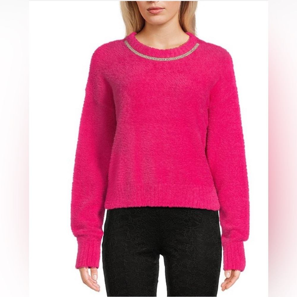 C&V Chelsea & Violet
 Fuzzy Rhinestone Neckline Sweater Color Fuchsia-Size S NWT